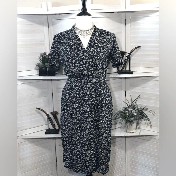Vintage Dresses & Skirts - Vintage 90s navy blue white ditzy floral print fitted waist rayon midi dress 16